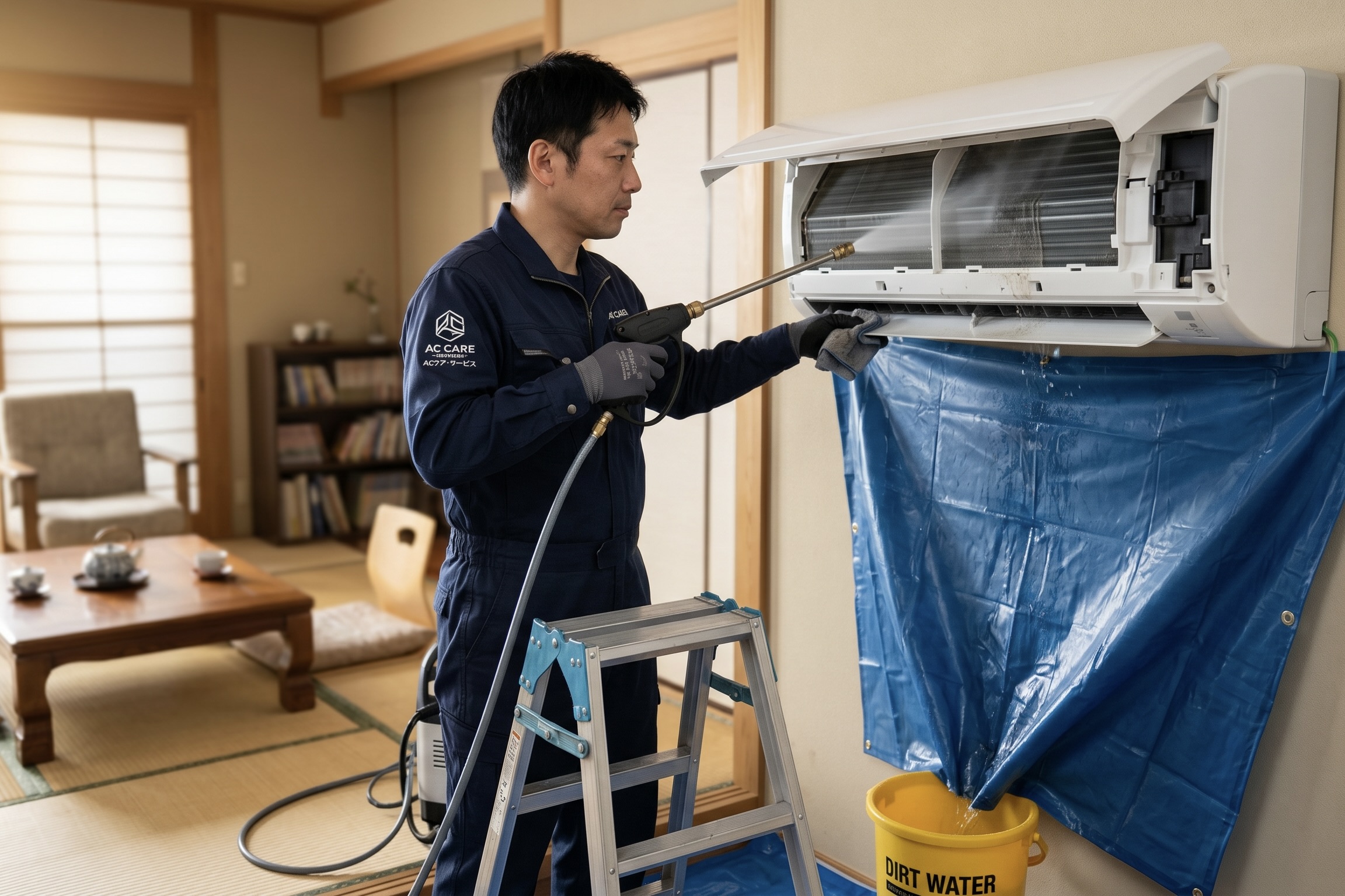 プロによるエアコンクリーニングの様子